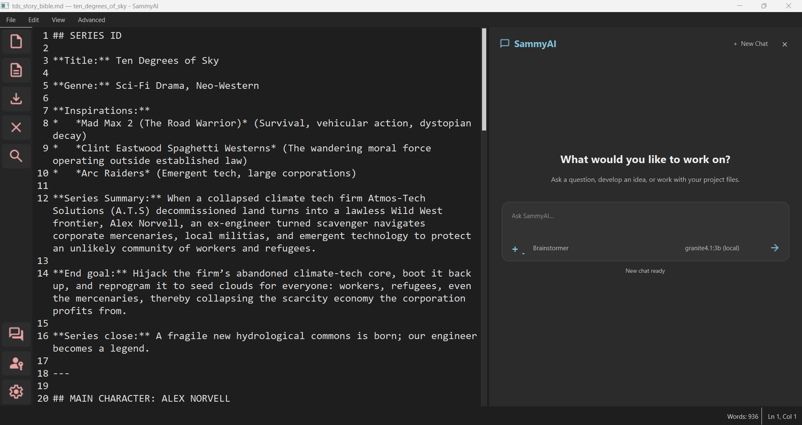 SammyAI workspace showing a project file, manuscript editor, and creative chat panel