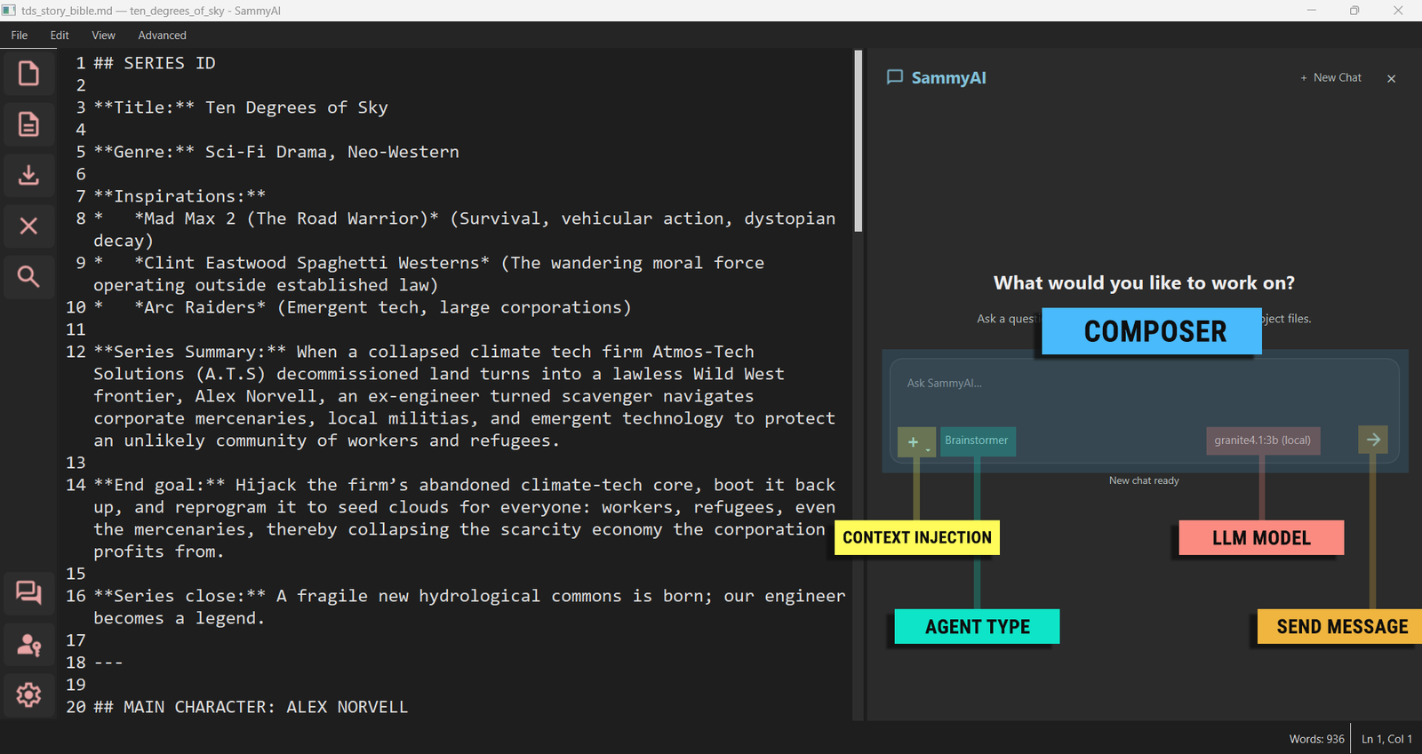 SammyAI composer showing agent, context, and model controls
